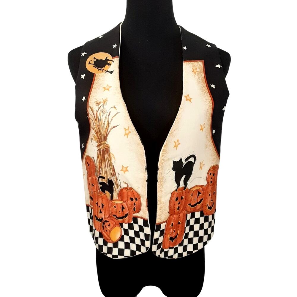 Vintage 80s Halloween Vest Handmade Quilted Pumpkin Black Cat Reversible Grandma